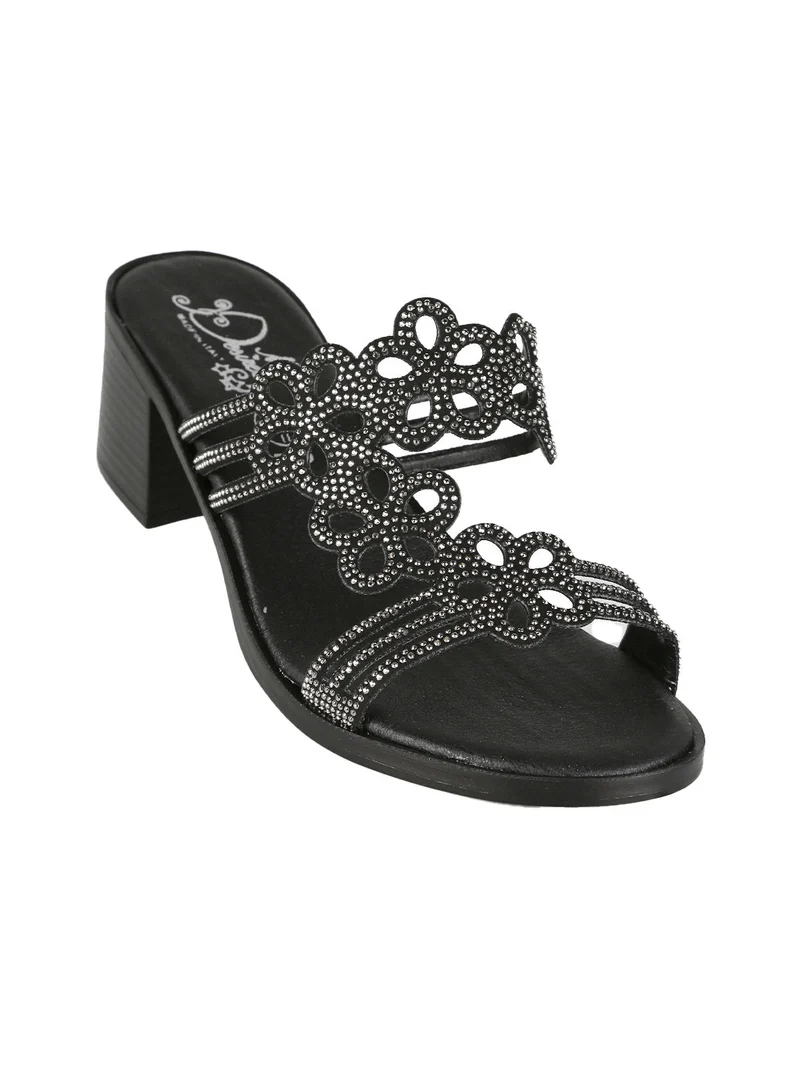Ciabatte donna con tacco e strass - nero