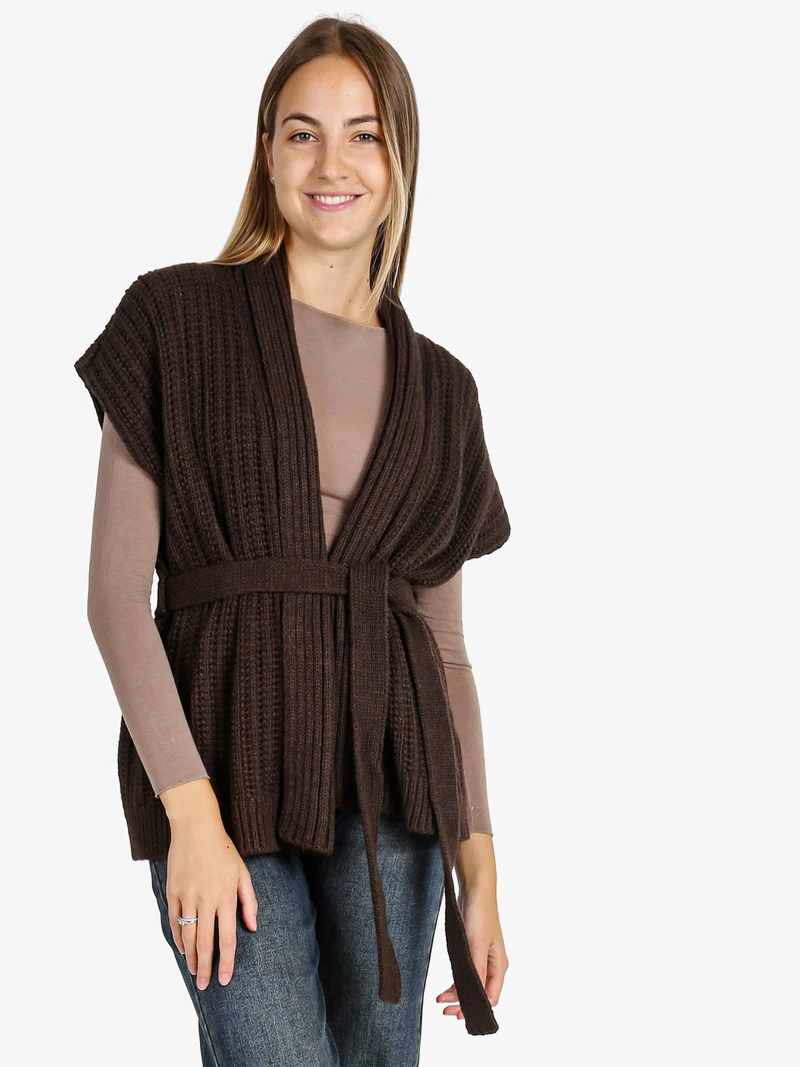 Cardigan donna smanicato in maglia traforata con cintura - moro