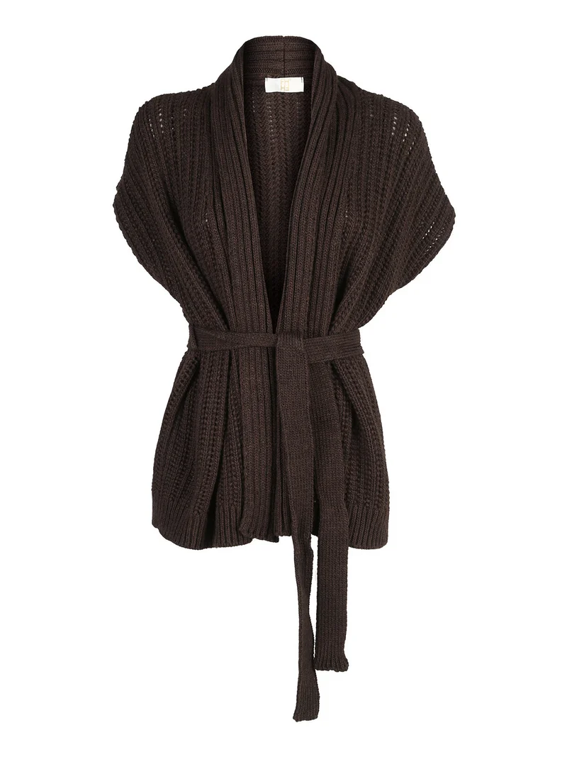 Cardigan donna smanicato in maglia traforata con cintura - moro