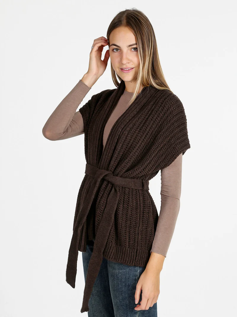 Cardigan donna smanicato in maglia traforata con cintura - moro