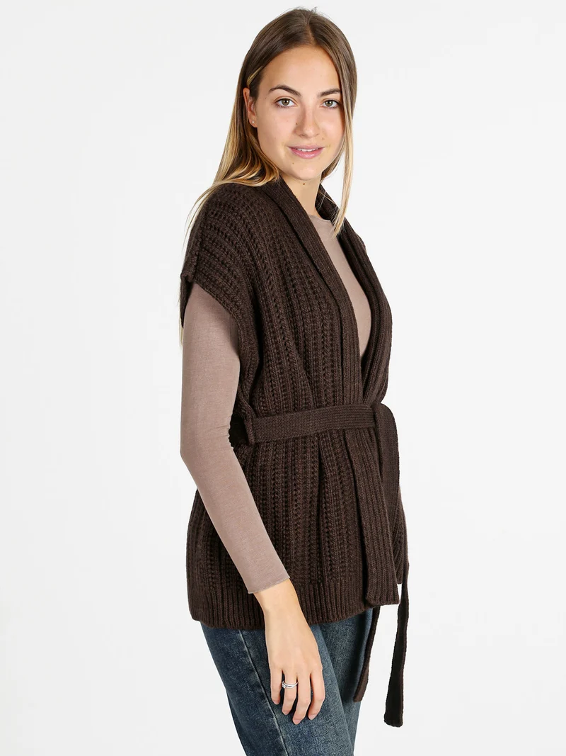 Cardigan donna smanicato in maglia traforata con cintura - moro