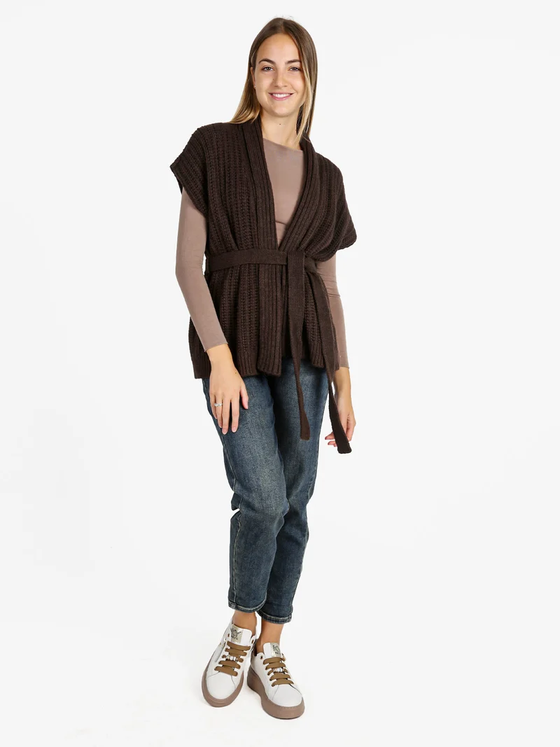 Cardigan donna smanicato in maglia traforata con cintura - moro