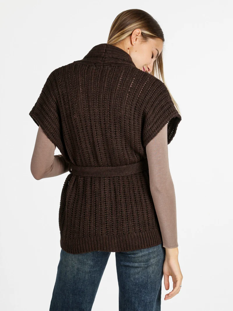 Cardigan donna smanicato in maglia traforata con cintura - moro