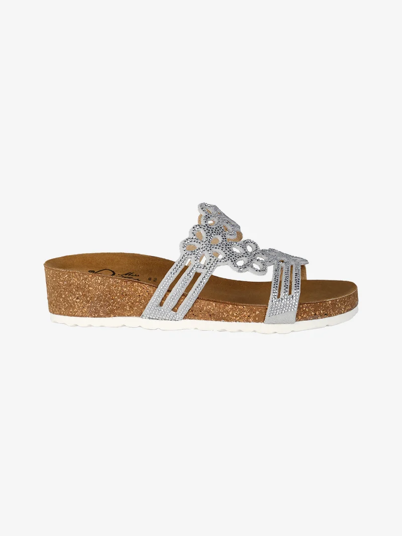 Ciabatte donna con strass e zeppa - argento