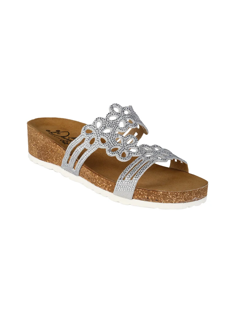 Ciabatte donna con strass e zeppa - argento
