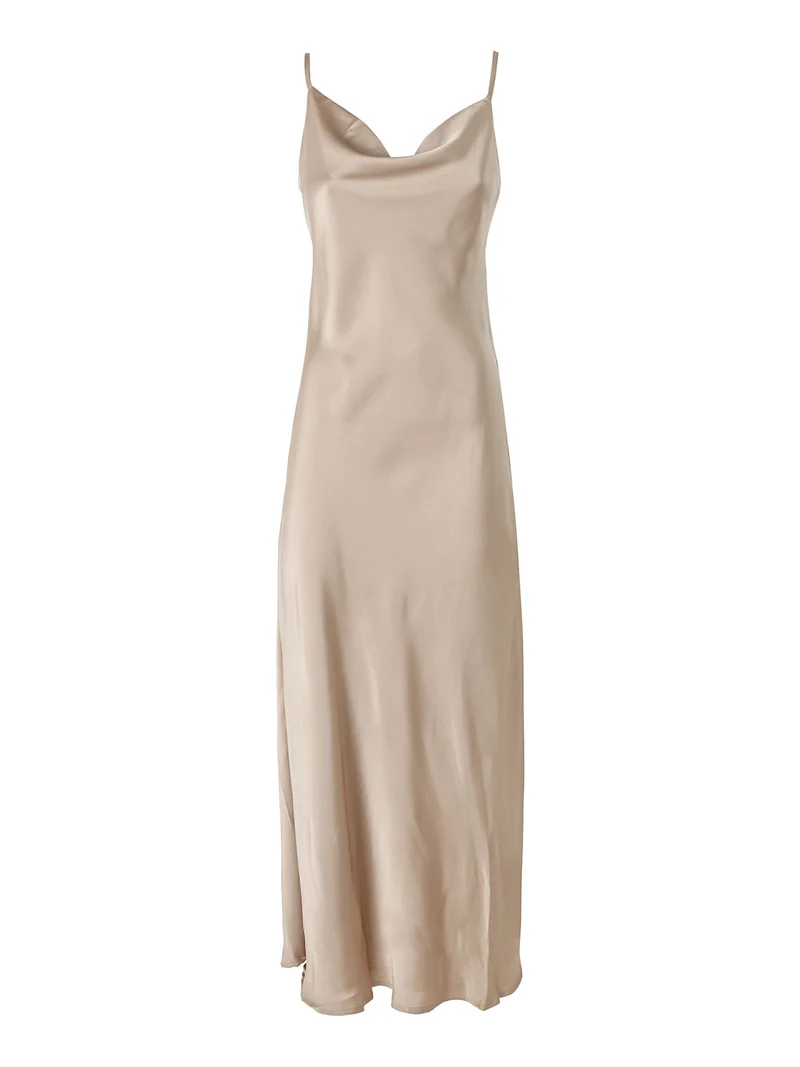 Abito lungo da donna con spalline sottili e scollo a cascata - beige