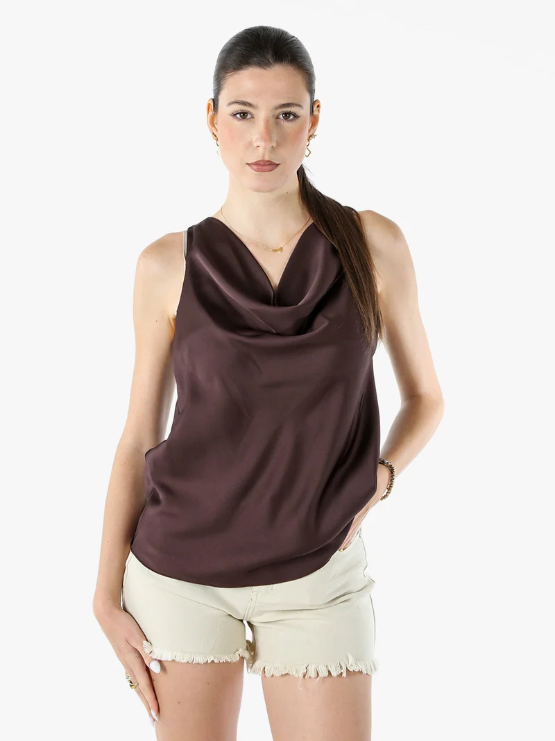 Top donna smanicato con scollo a cascata in tessuto effetto raso - moro