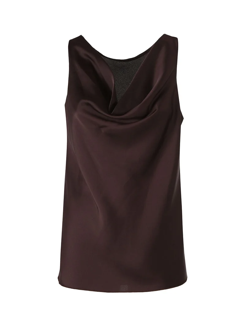 Top donna smanicato con scollo a cascata in tessuto effetto raso - moro