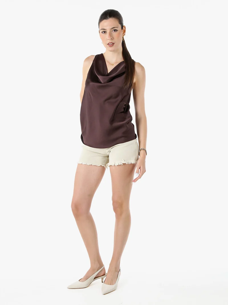 Top donna smanicato con scollo a cascata in tessuto effetto raso - moro
