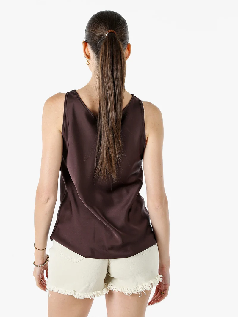 Top donna smanicato con scollo a cascata in tessuto effetto raso - moro