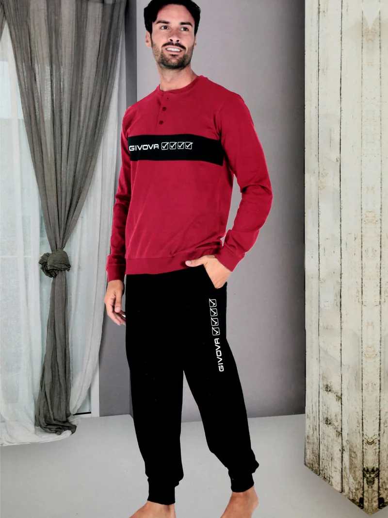 Pigiama lungo da uomo in misto cotone - rosso