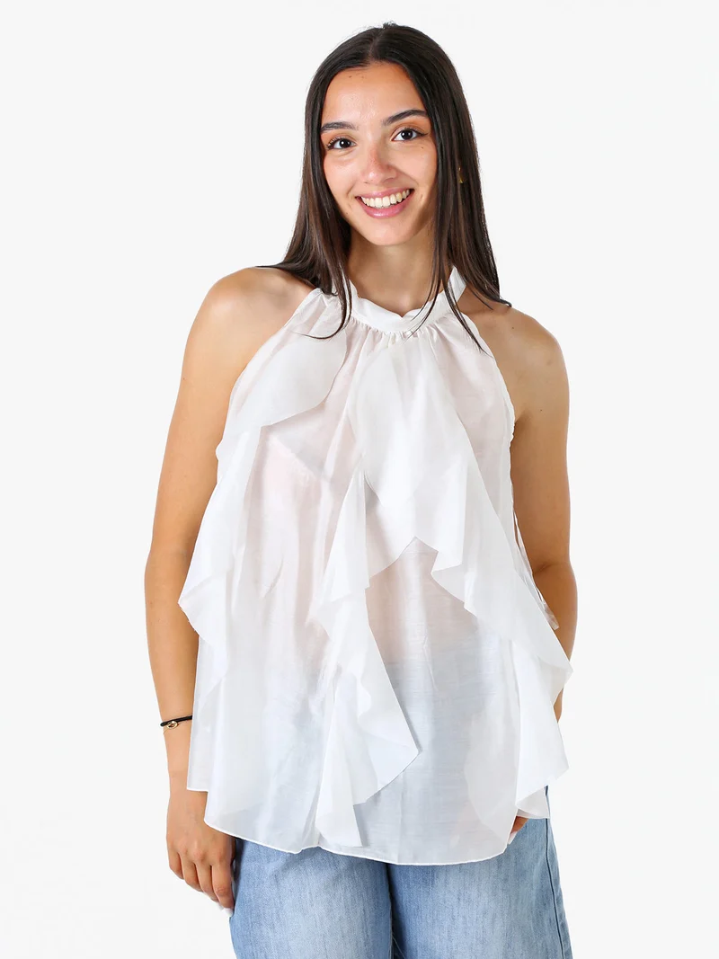 Top donna con volant e allacciatura al collo - bianco