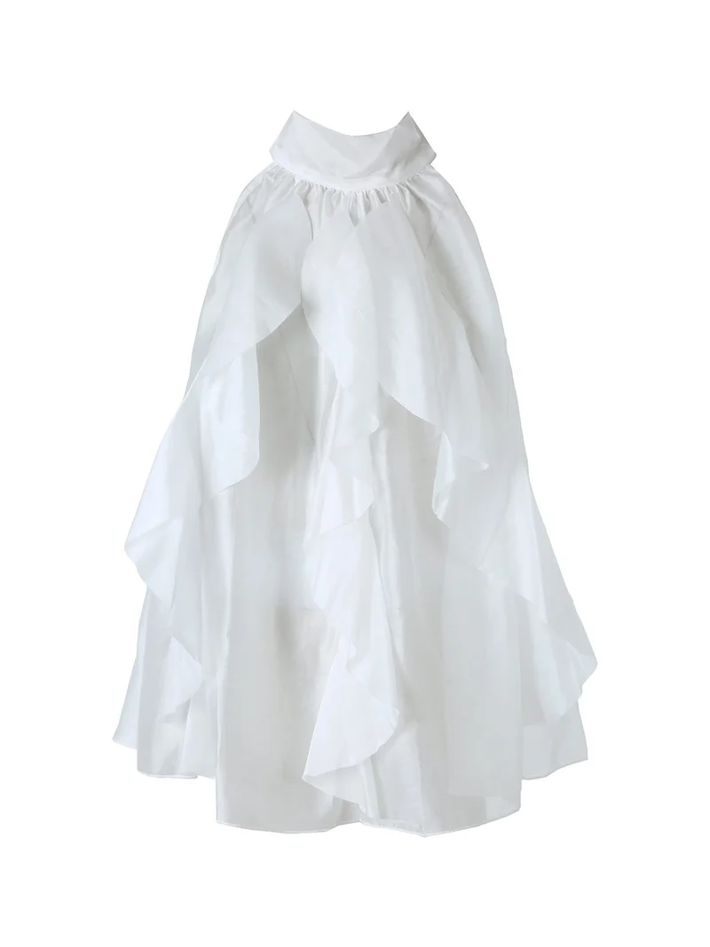 Top donna con volant e allacciatura al collo - bianco