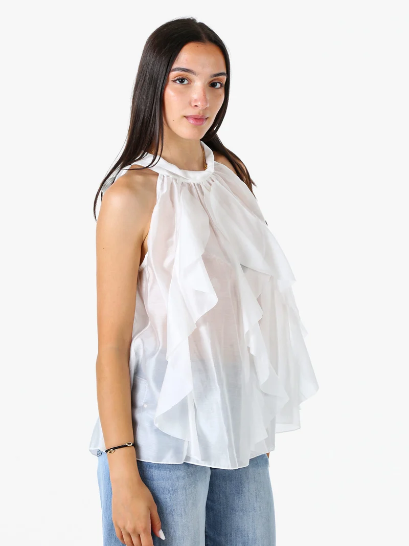 Top donna con volant e allacciatura al collo - bianco