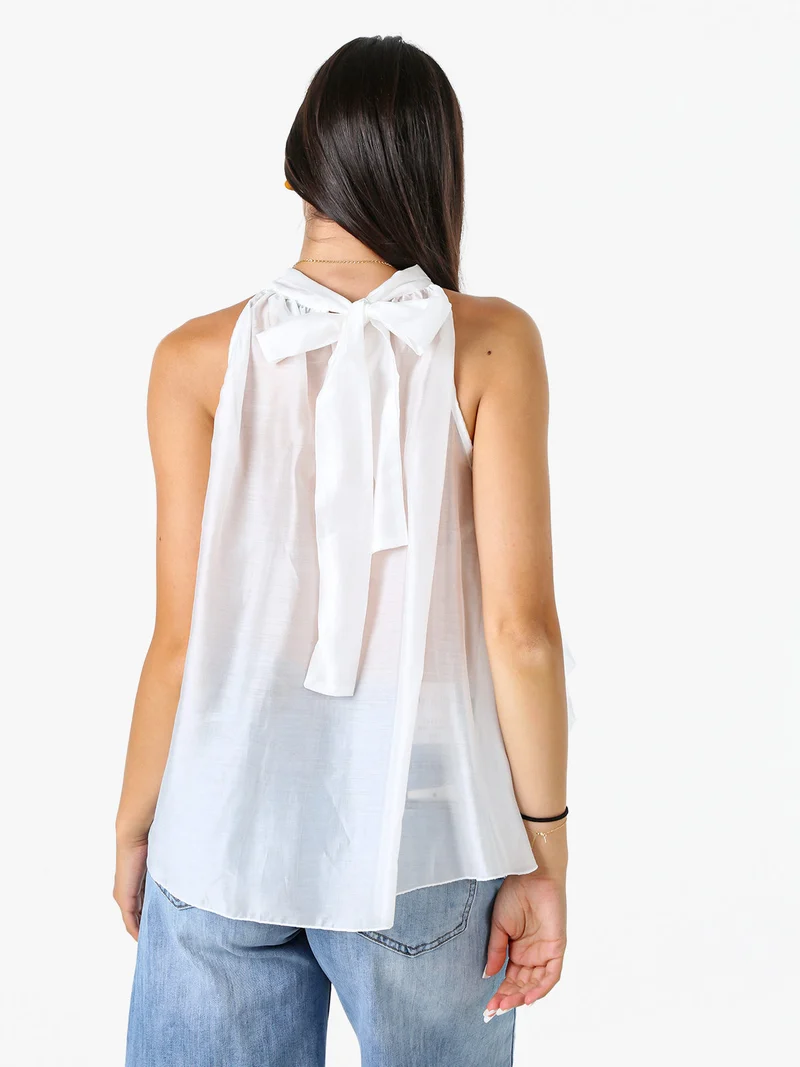 Top donna con volant e allacciatura al collo - bianco