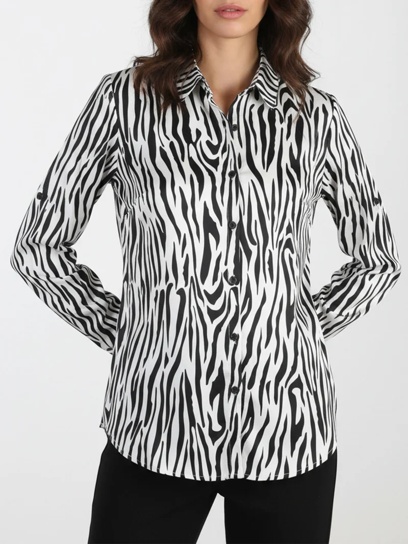Camicia donna con stampe bicolore a maniche lunghe - bianco