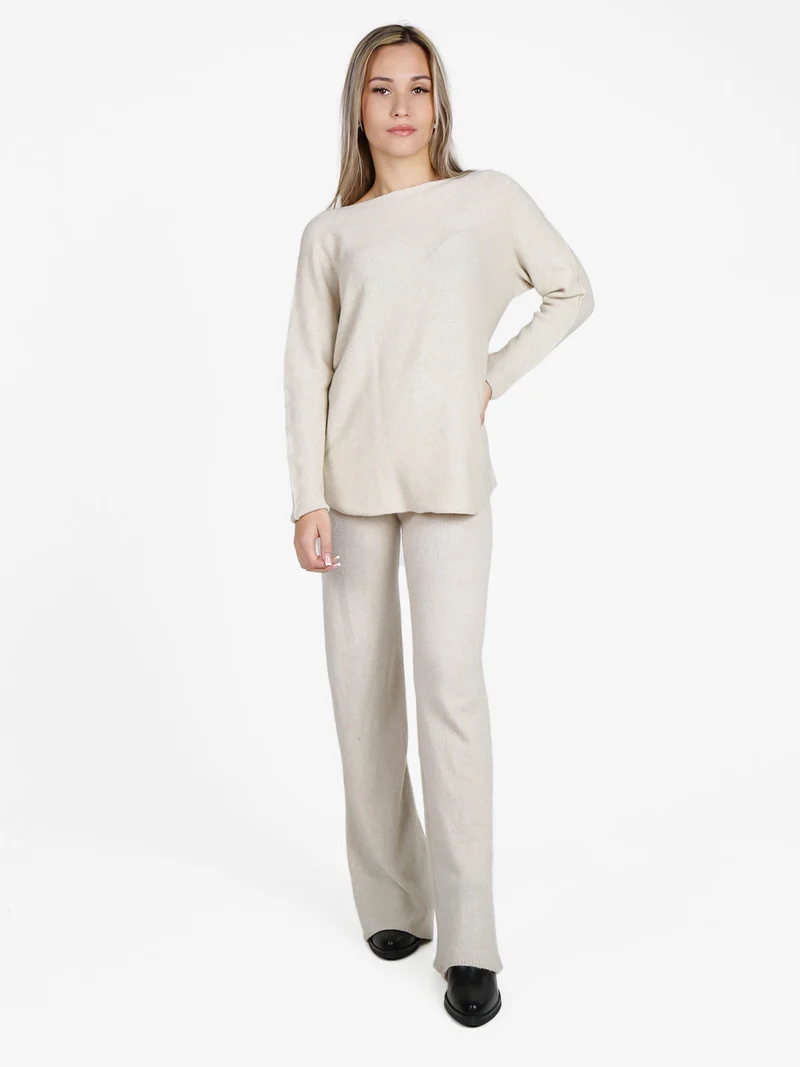 Pantaloni donna in maglia a vita alta con finale a zampa - beige
