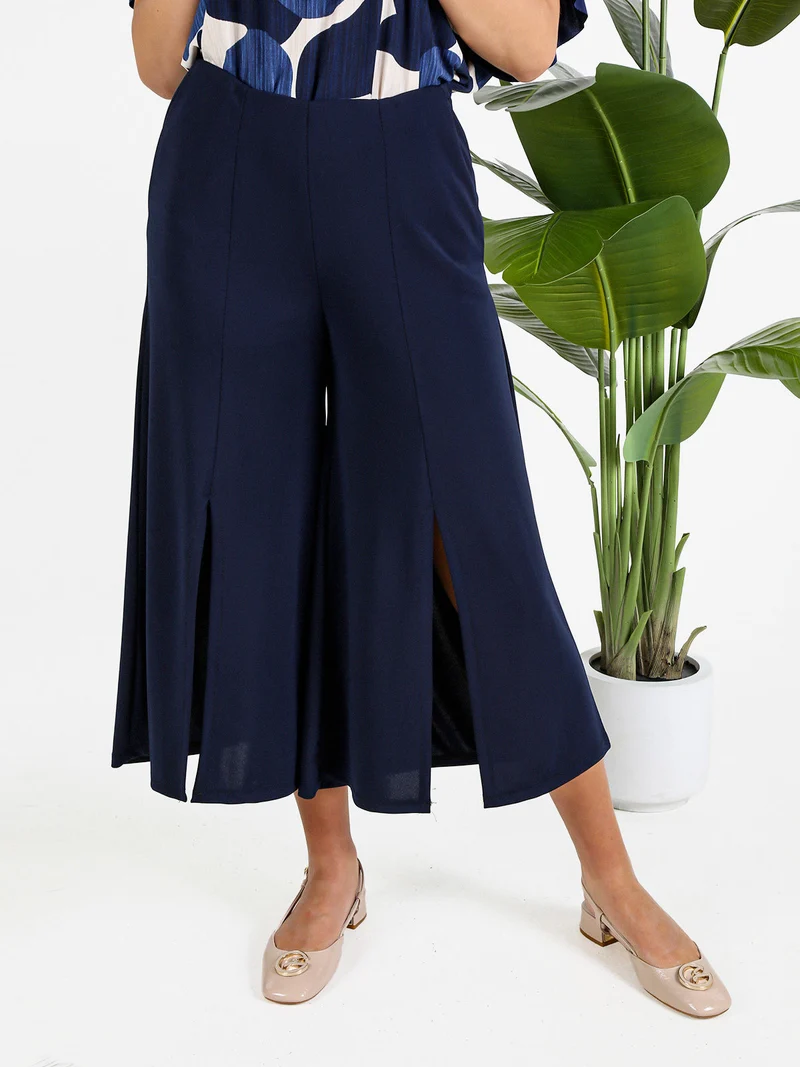 Pantaloni donna a gamba larga con spacco centrale - blu scuro