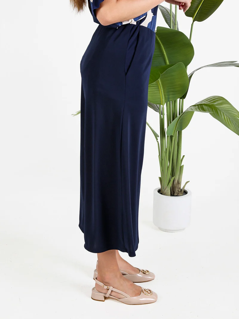 Pantaloni donna a gamba larga con spacco centrale - blu scuro