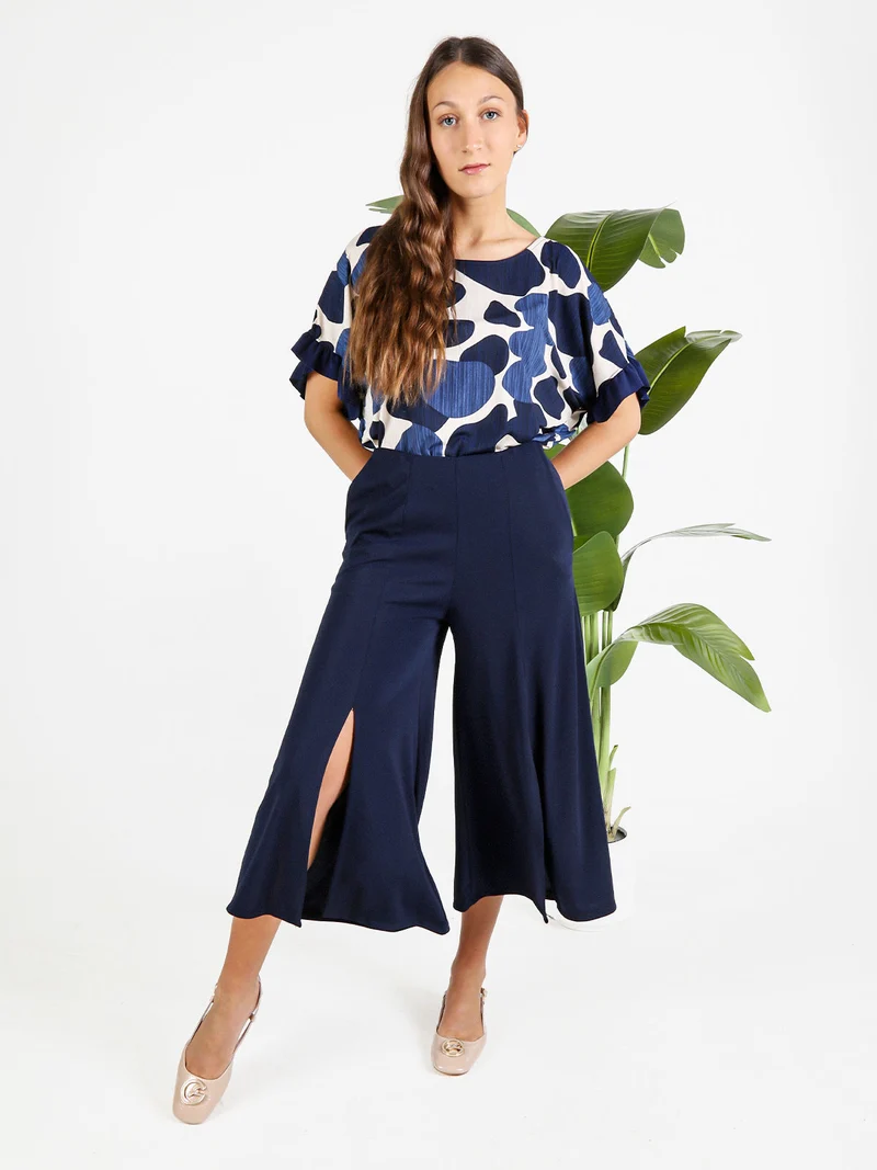 Pantaloni donna a gamba larga con spacco centrale - blu scuro