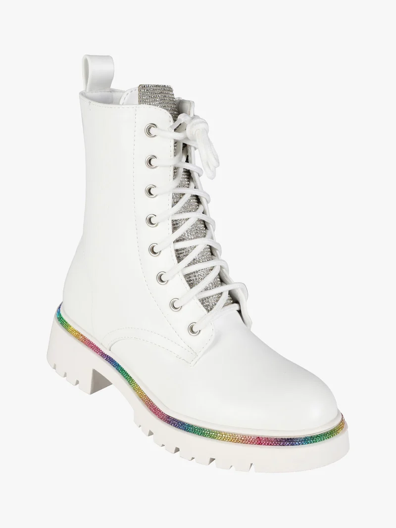 Anfibi donna stringati con tacco e strass colorati - bianco