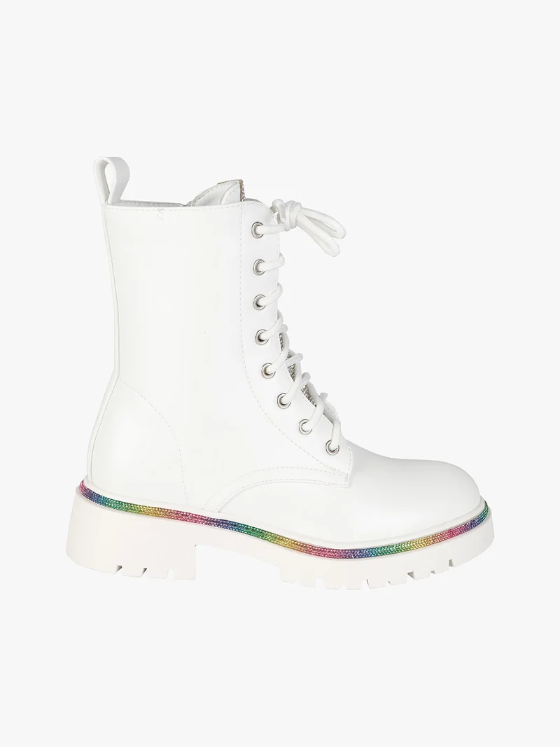 Anfibi donna stringati con tacco e strass colorati - bianco