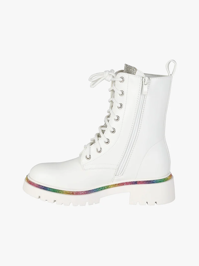 Anfibi donna stringati con tacco e strass colorati - bianco