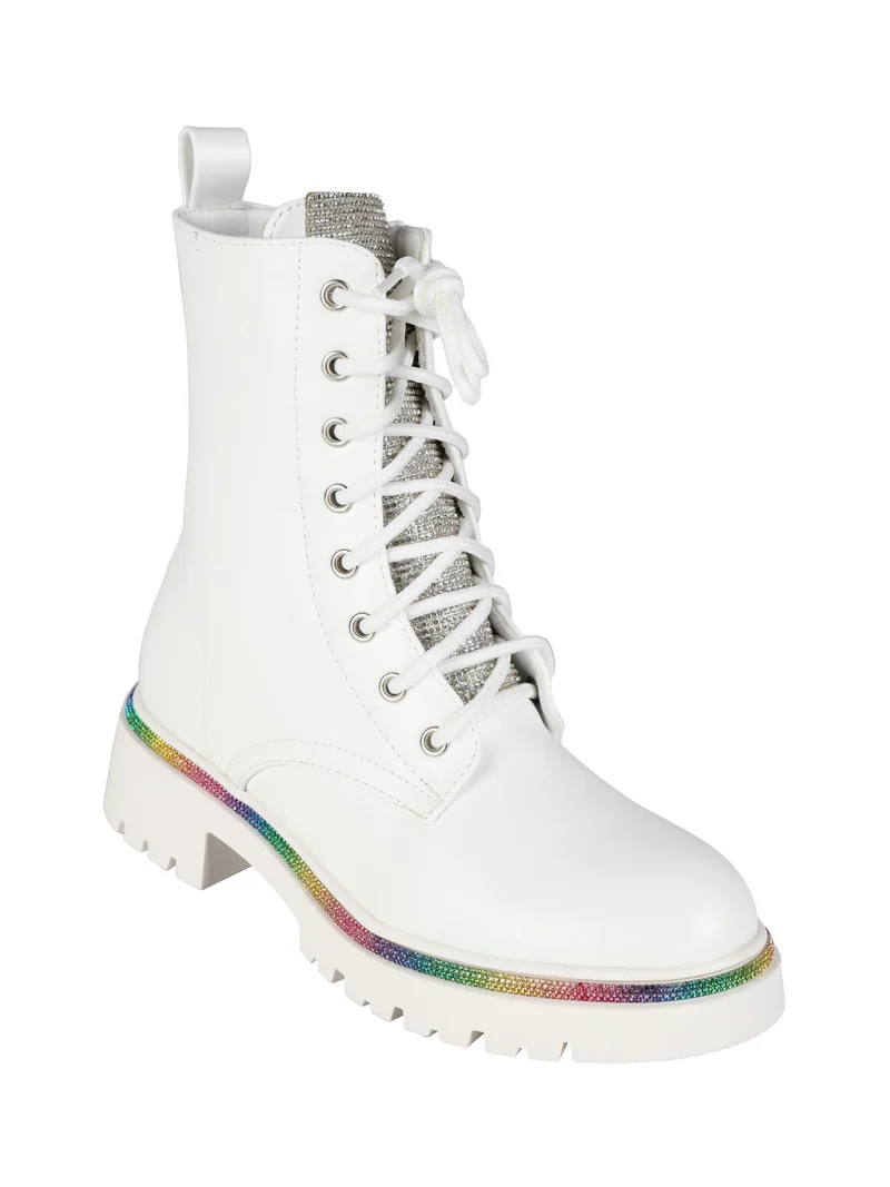 Anfibi donna stringati con tacco e strass colorati - bianco