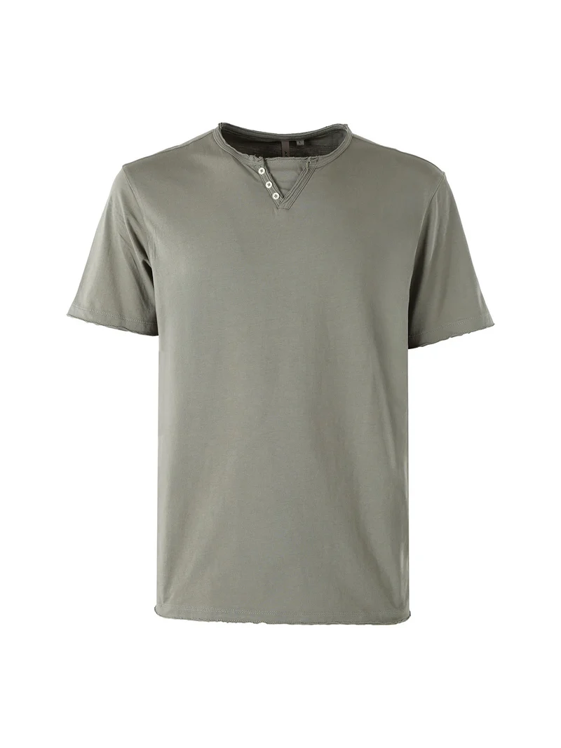 T-shirt da uomo in cotone con bottoncini sullo scollo - militare