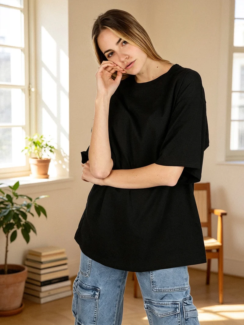 T-shirt donna oversize tinta unita - nero