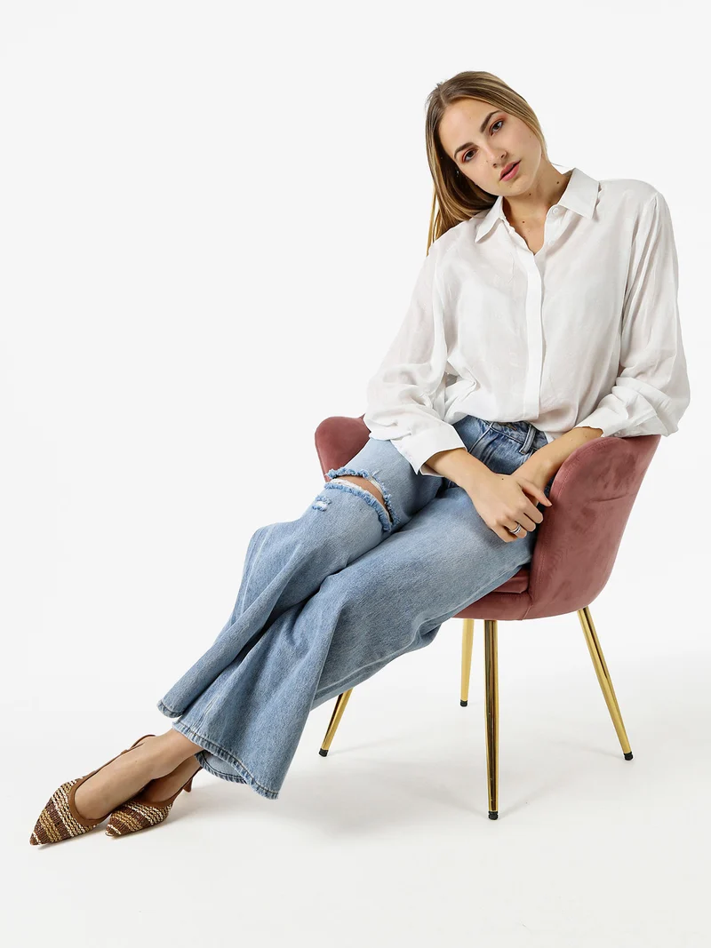 Camicia donna oversize a maniche lunghe in misto cotone - bianco