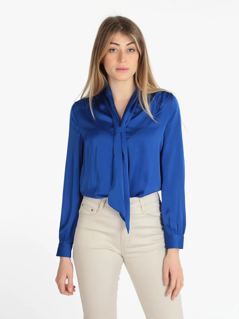 Blusa donna in raso con cravatta - blu