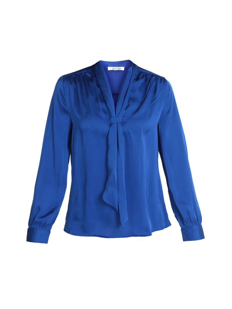 Blusa donna in raso con cravatta - blu