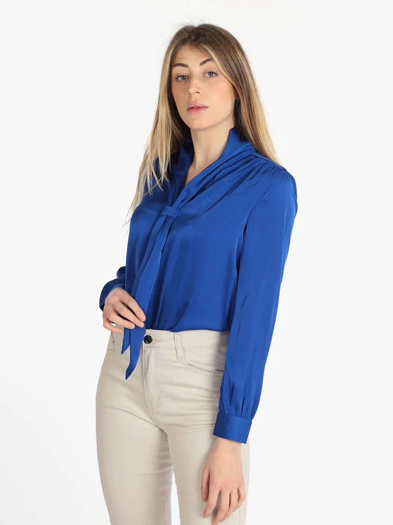 Blusa donna in raso con cravatta - blu