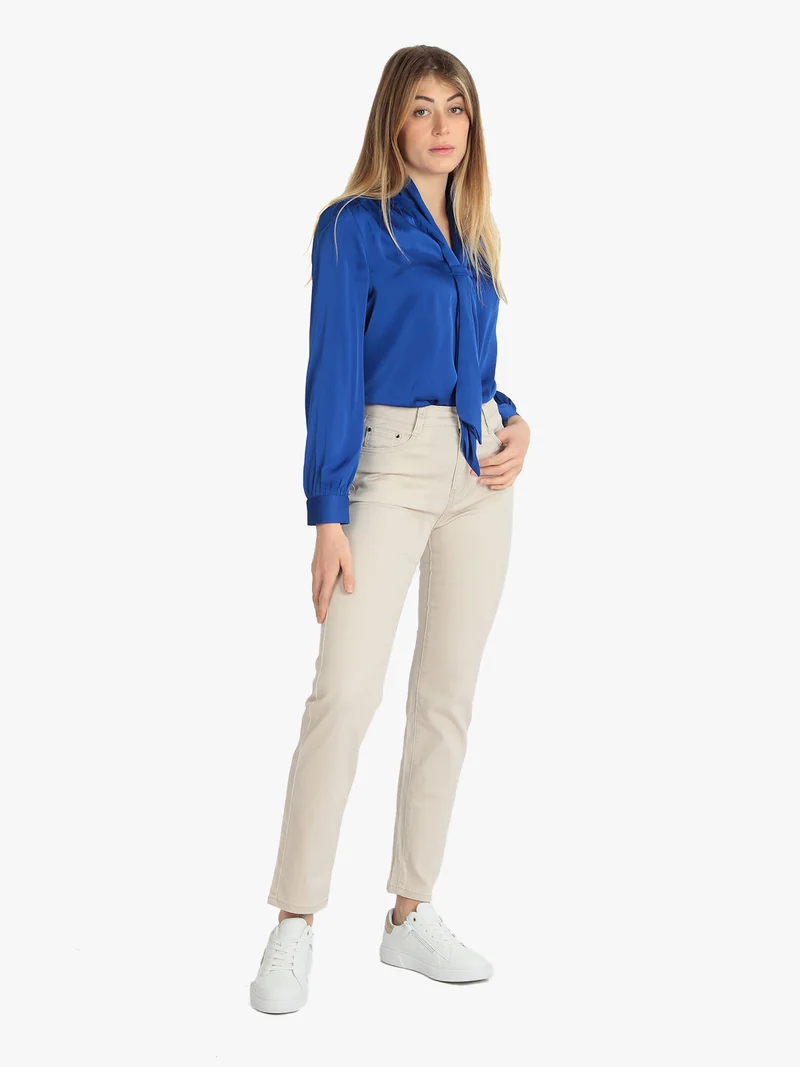 Blusa donna in raso con cravatta - blu