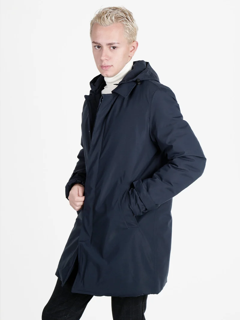 Giubbotto da uomo imbottito e impermeabile con cappuccio - blu scuro