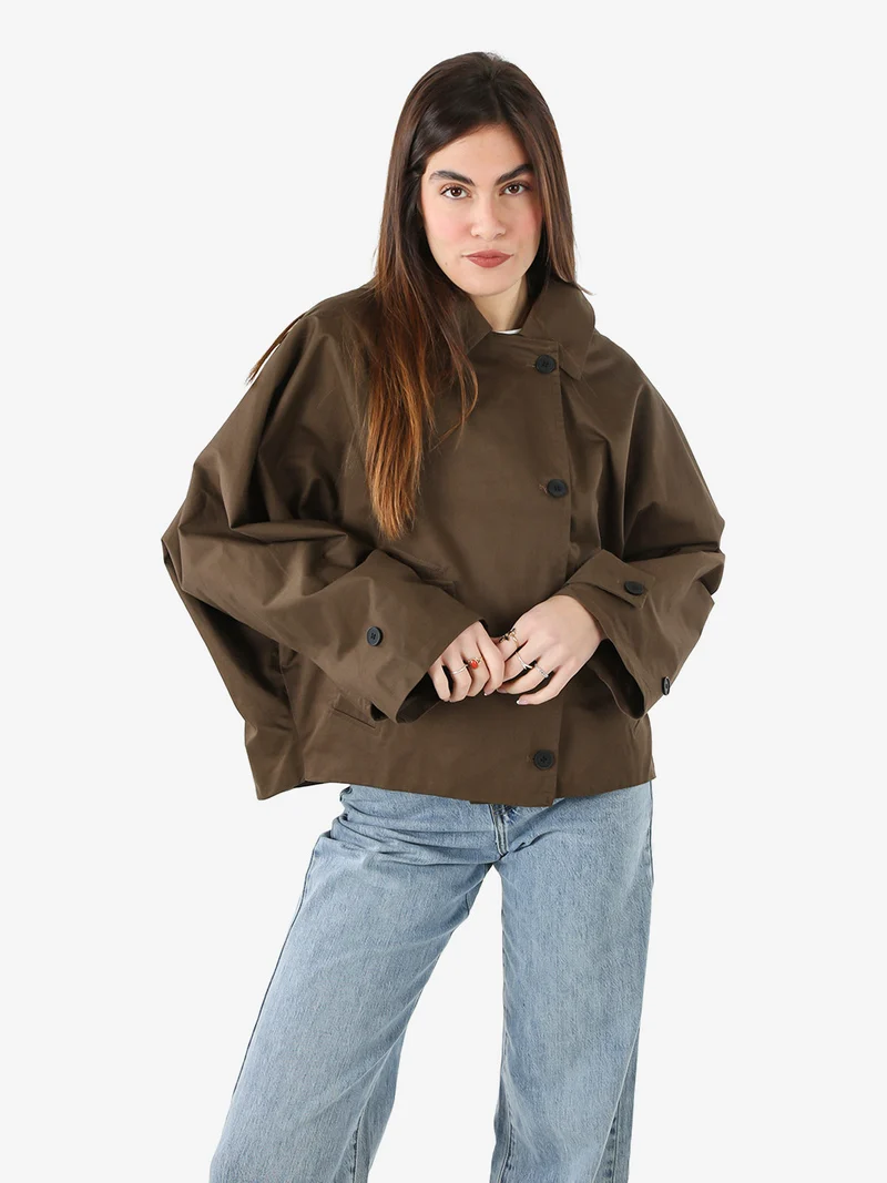 Giacca donna oversize in cotone con maniche a pipistrello e cappuccio - moro