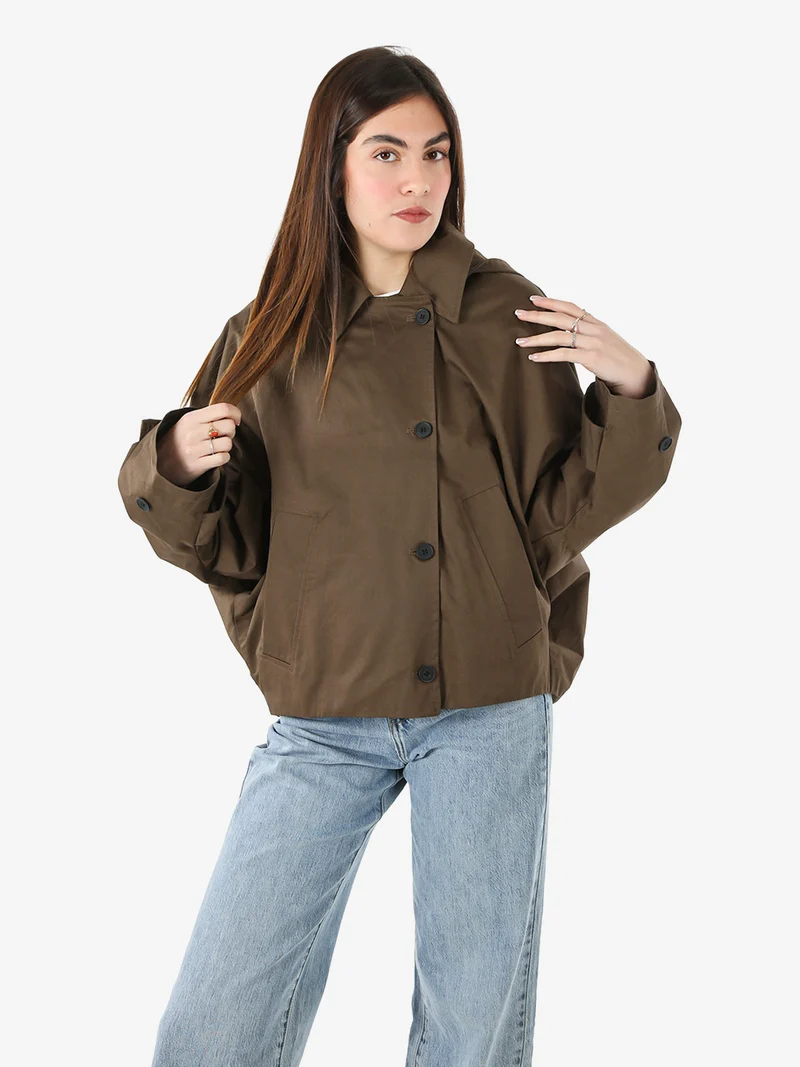 Giacca donna oversize in cotone con maniche a pipistrello e cappuccio - moro