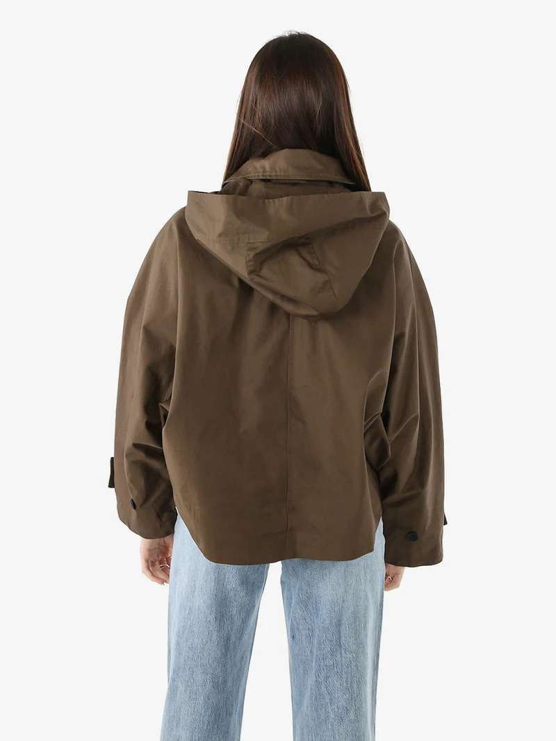 Giacca donna oversize in cotone con maniche a pipistrello e cappuccio - moro