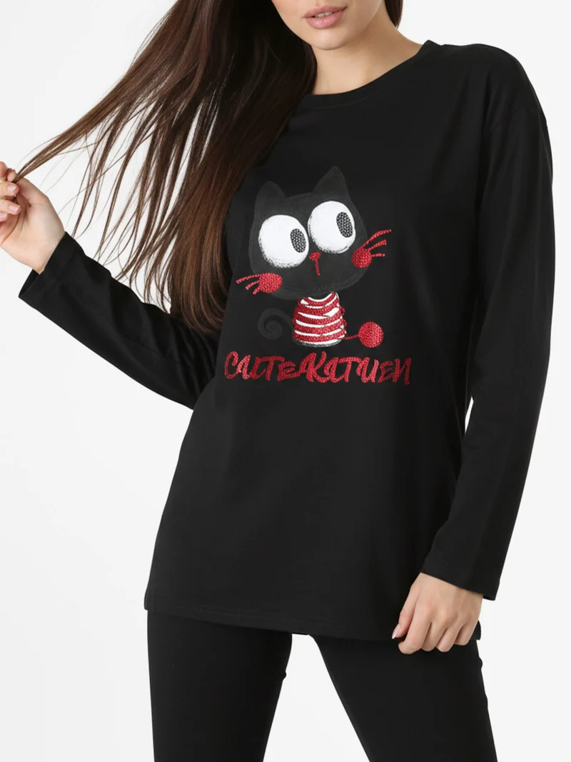 T-shirt a maniche lunghe da donna in cotone con stampa - nero