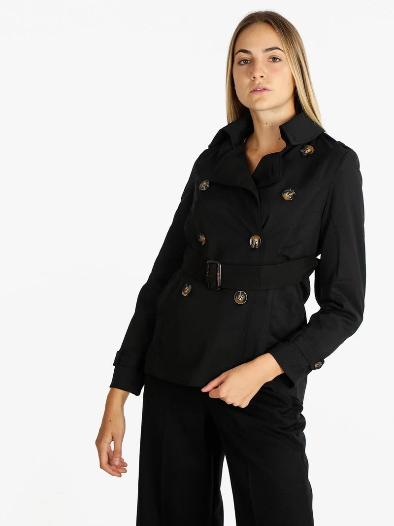 Trench corto donna con cintura - nero