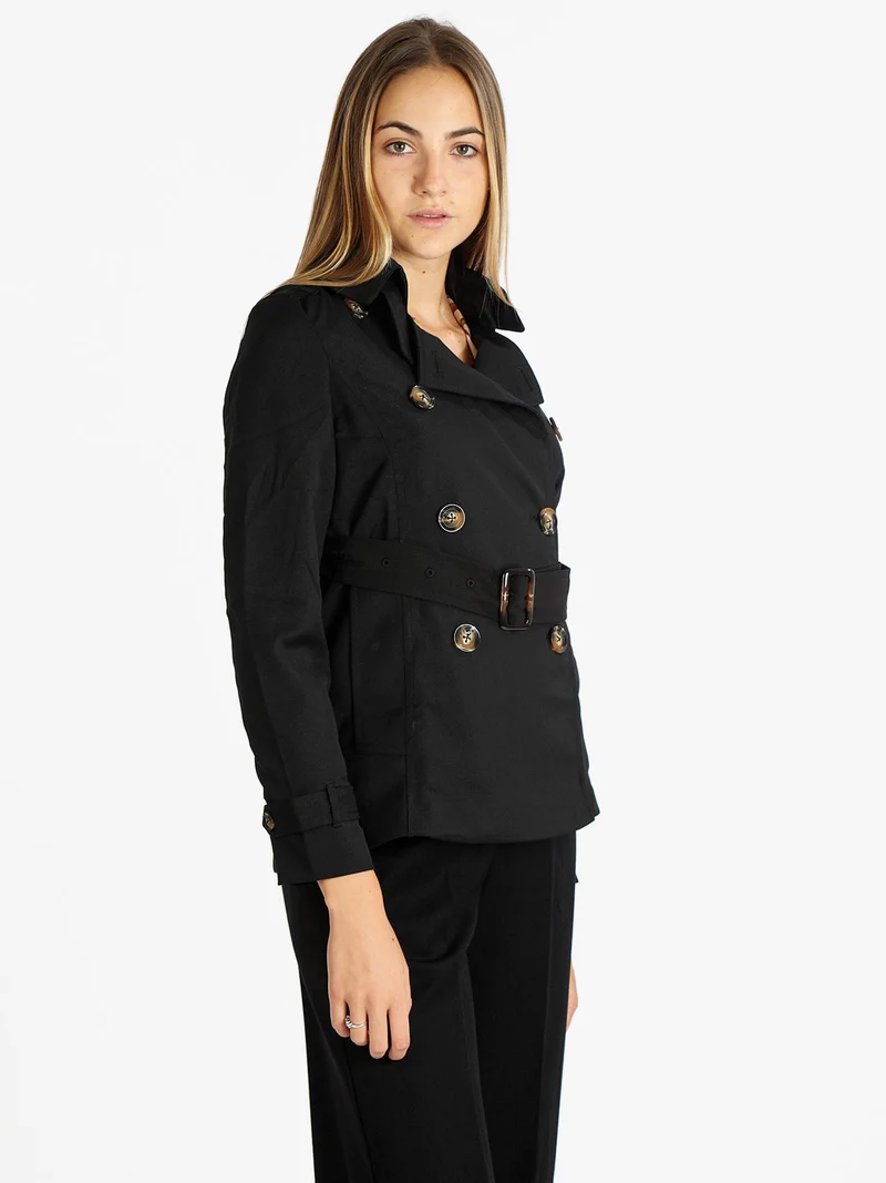 Trench corto donna con cintura - nero
