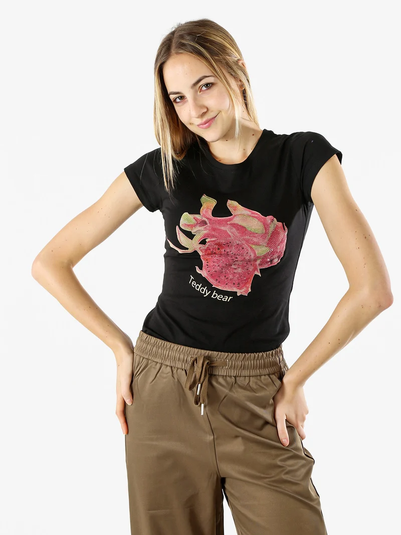 T-shirt donna in cotone con stampa e strass - nero