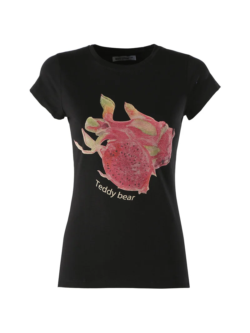 T-shirt donna in cotone con stampa e strass - nero