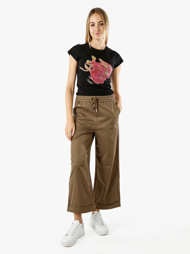 T-shirt donna in cotone con stampa e strass - nero