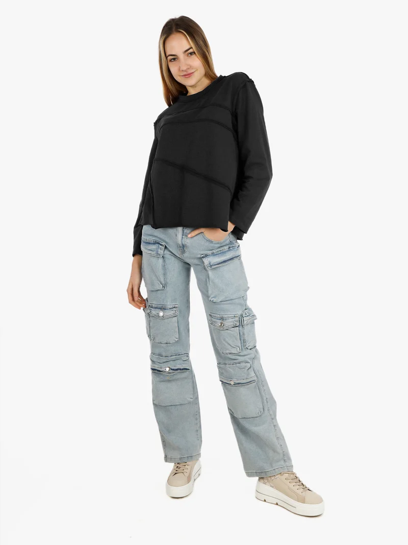 T-shirt donna oversize a manica lunga in cotone - nero