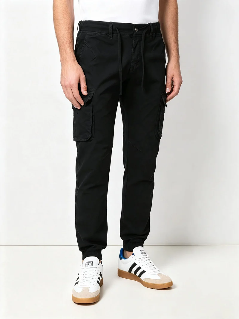 Pantaloni cargo da uomo in cotone con polsini - nero