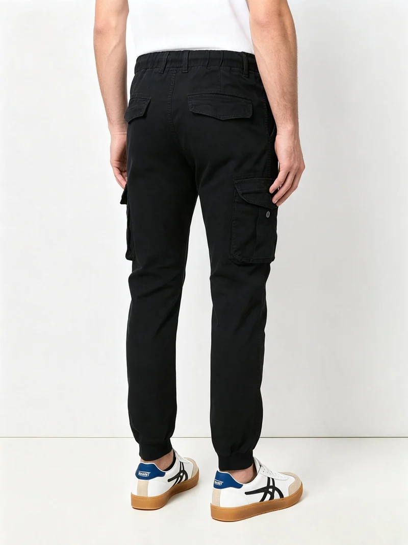 Pantaloni cargo da uomo in cotone con polsini - nero