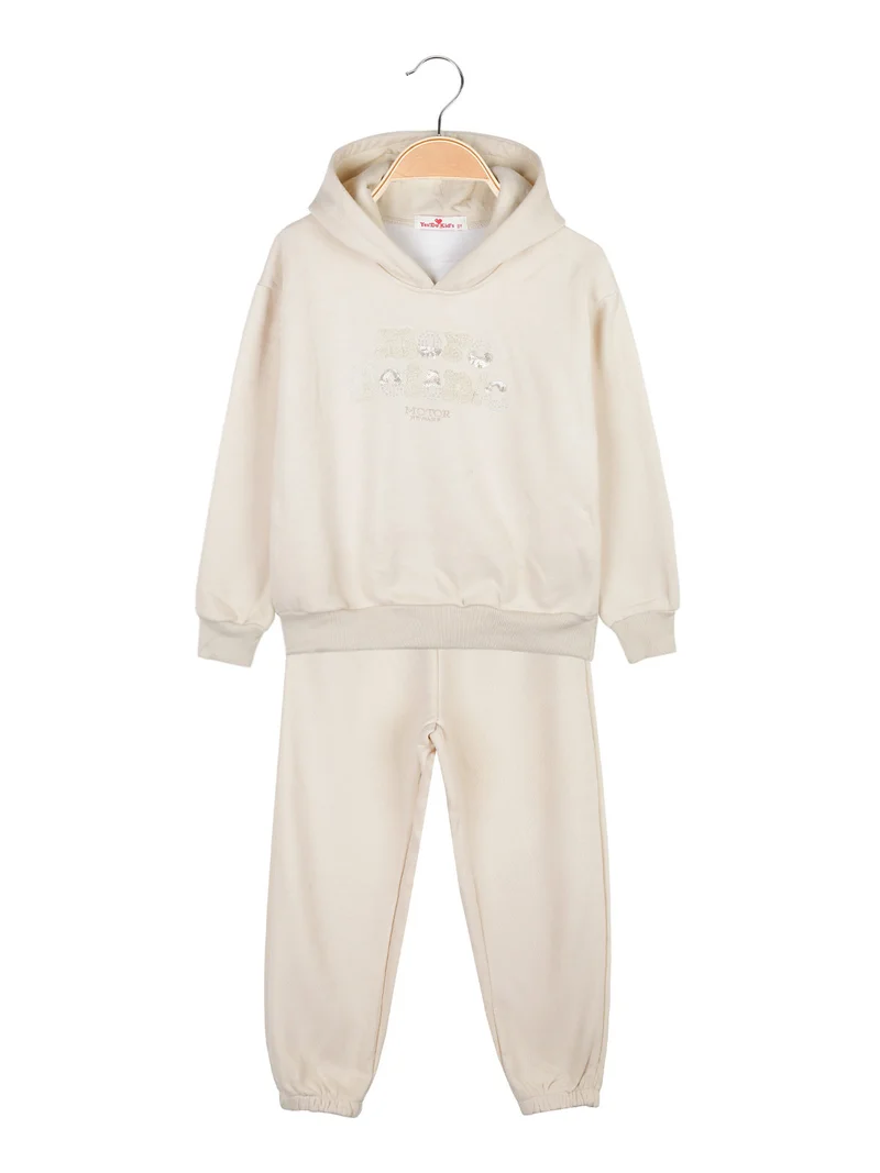 Completo tuta felpata da bambina 2 pezzi con cappuccio - beige