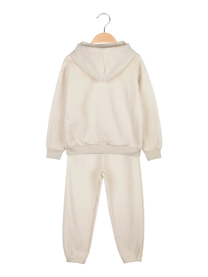 Completo tuta felpata da bambina 2 pezzi con cappuccio - beige